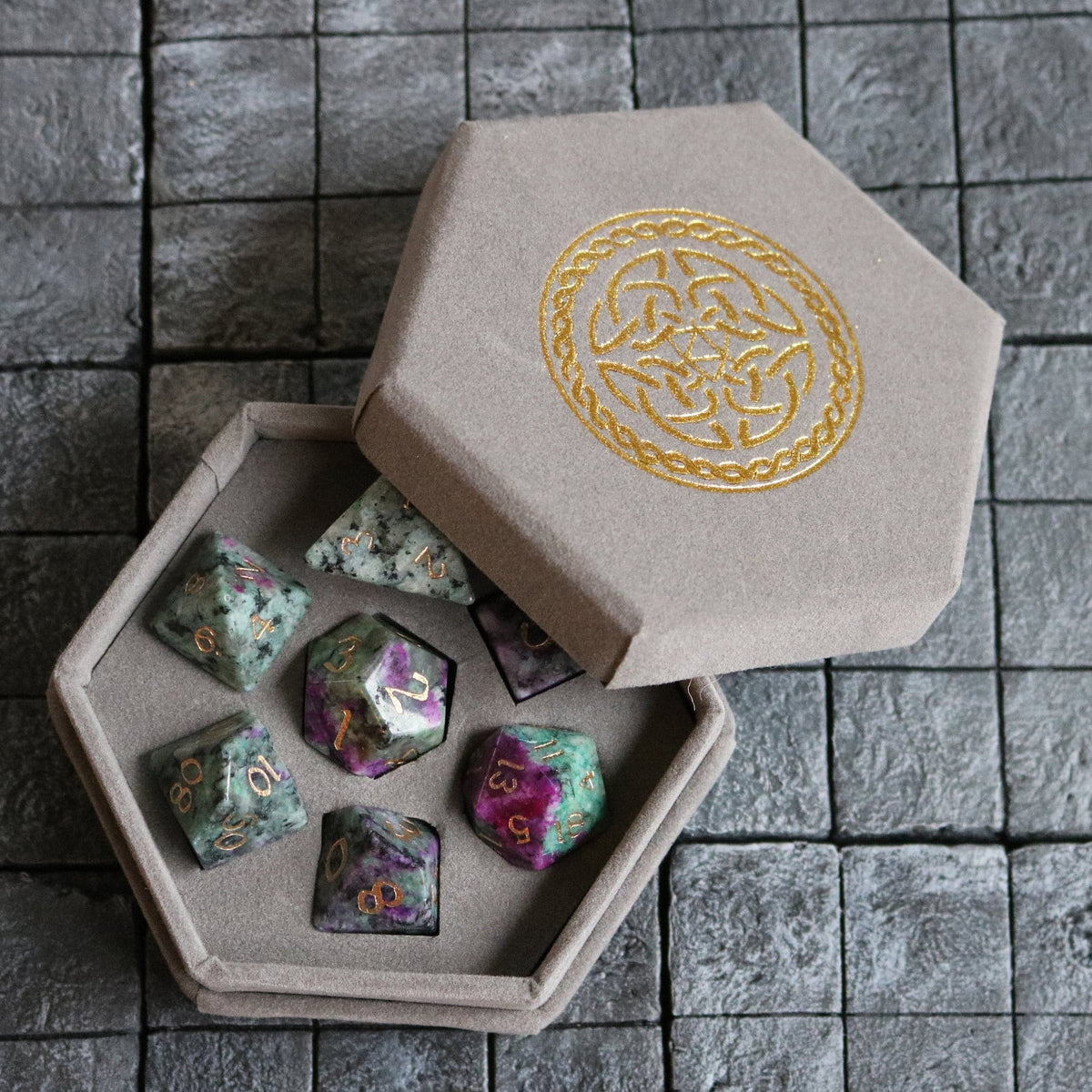 Gemstone Zoisite Polyhedral Polyhedral Dice (With Box) DnD Dice Set