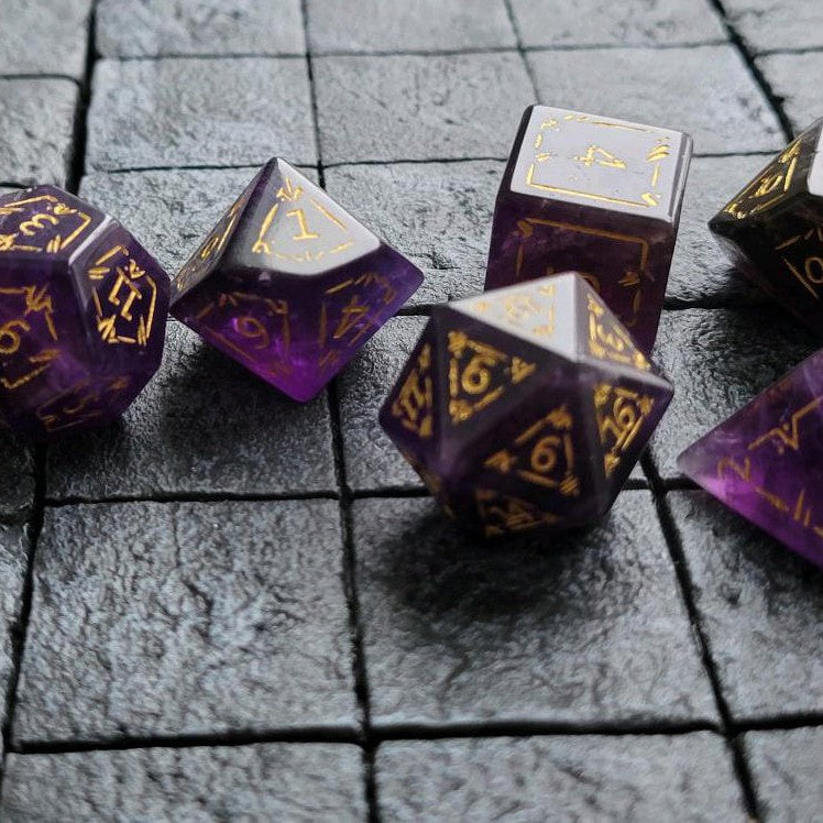 Dragon Shield Purple Gemstone Amethyst Dice (With Box) Hand Carved Polyhedral Dice DND Set