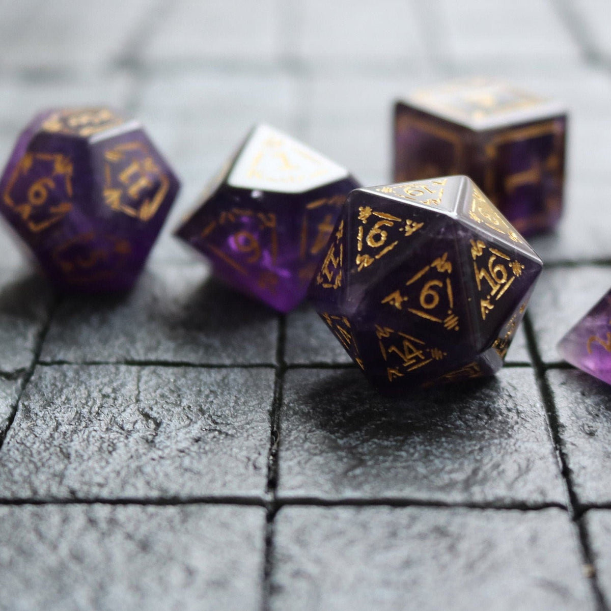 Dragon Shield Purple Gemstone Amethyst Dice (With Box) Hand Carved Polyhedral Dice DND Set