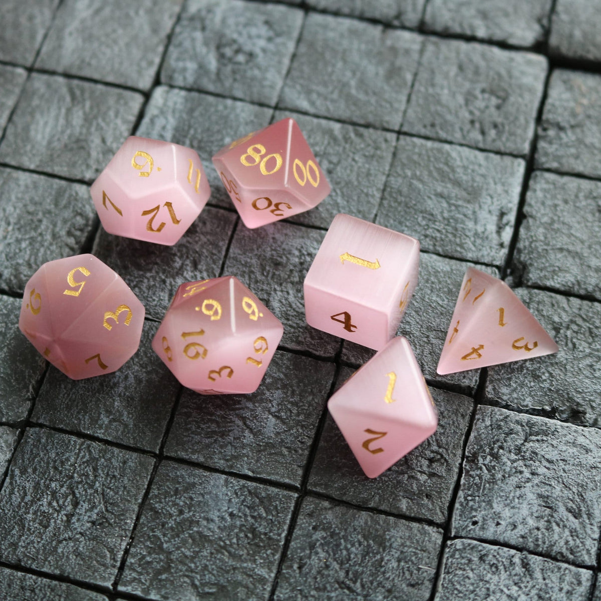 Hand Carved  Gemstone Pink Watermelon Cats Eye Stone (And Box) Polyhedral Dice