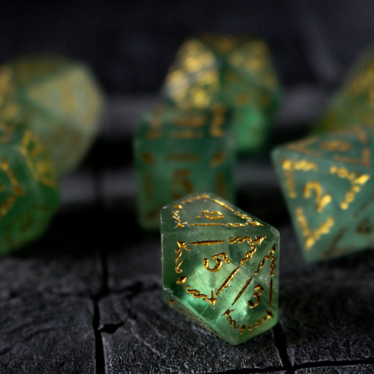 Vine Spike Green Fluorite Gemstone Dice (With Box) DND Dice Set