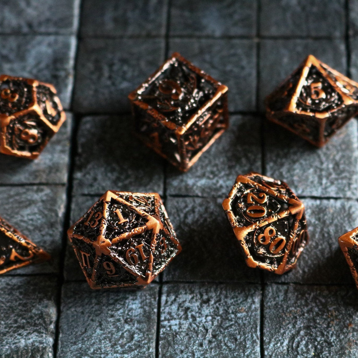 Shield And Sword Copper Hollow Metal Dice Set RPG Game DND MTG Tabletop Gaming