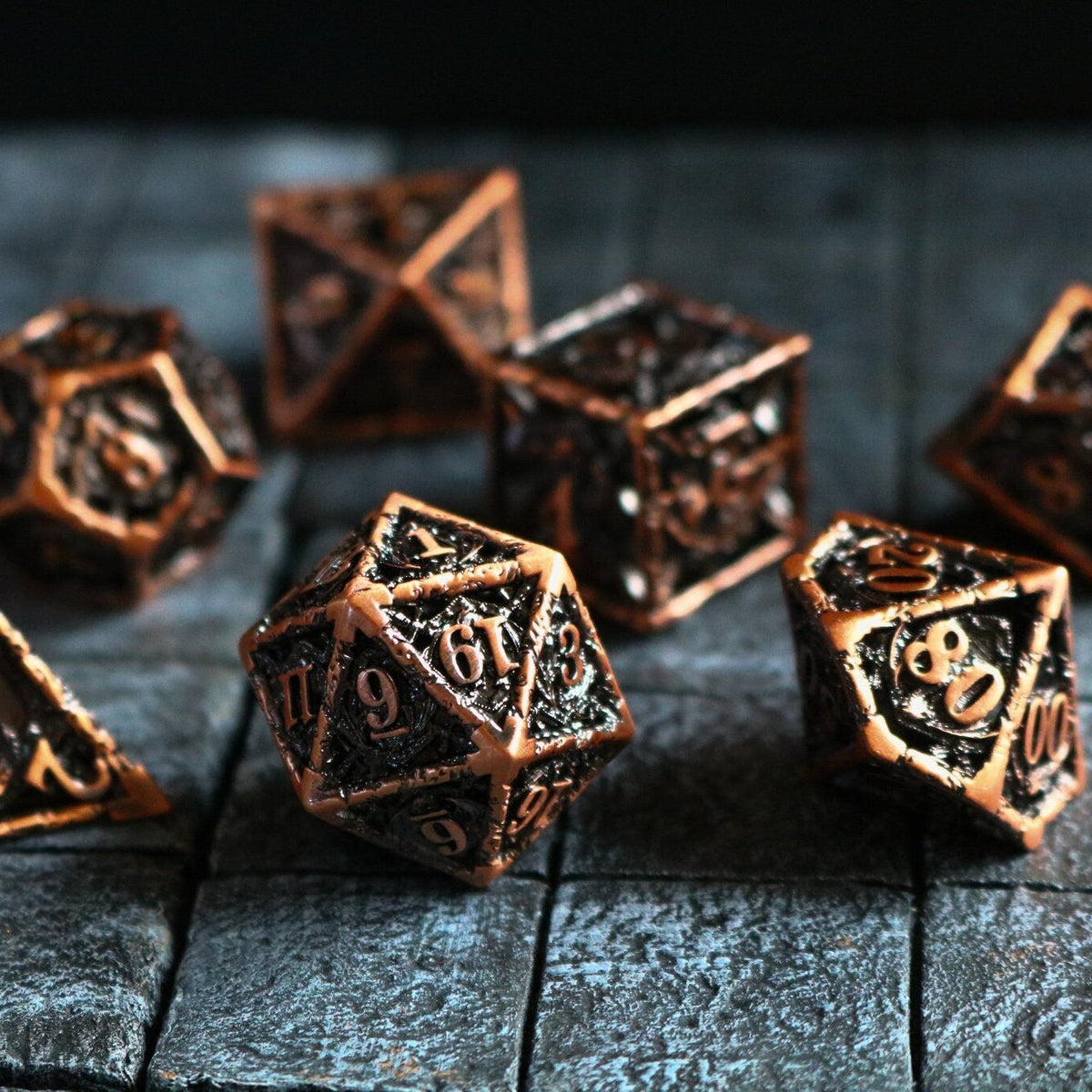 Shield And Sword Copper Hollow Metal Dice Set RPG Game DND MTG Tabletop Gaming