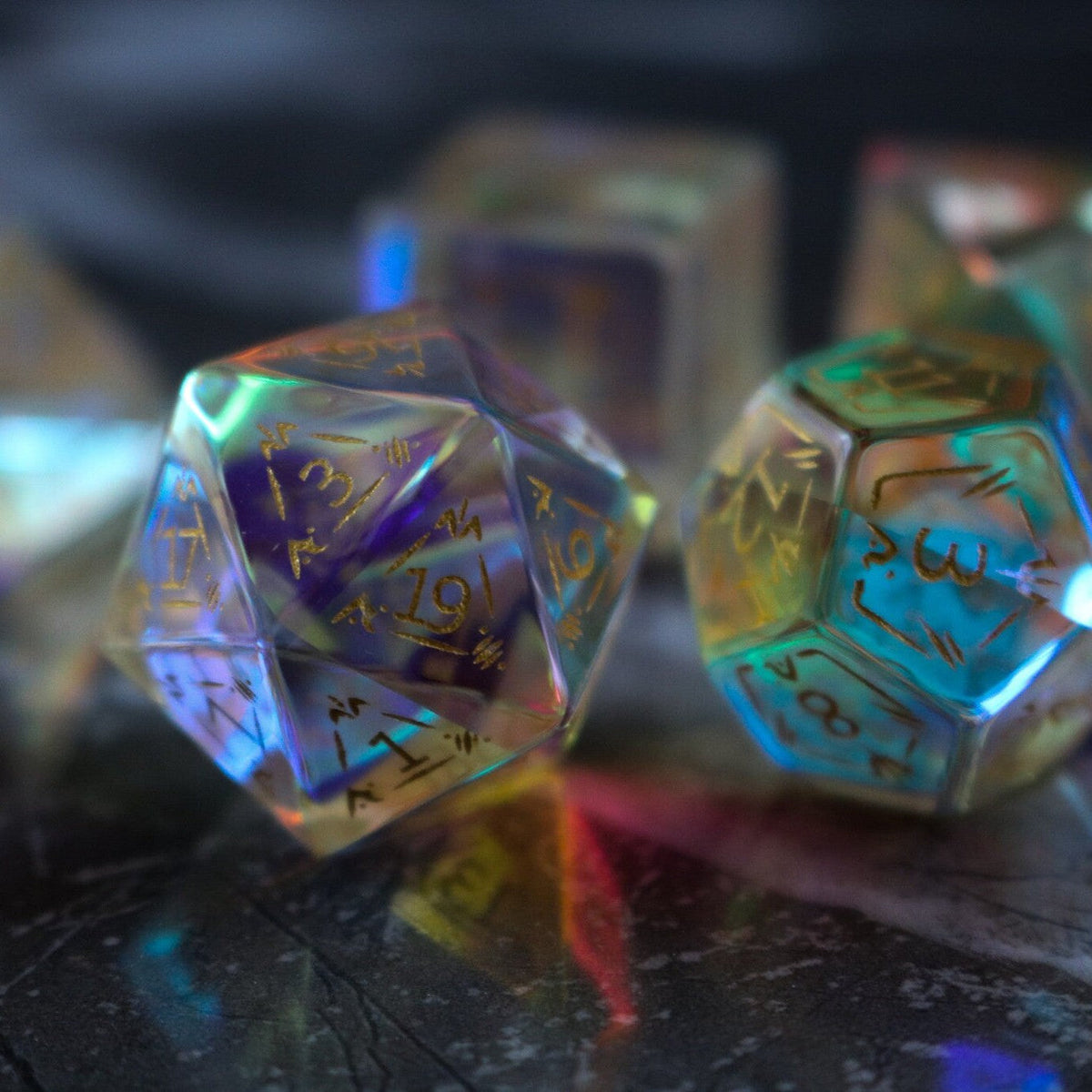 Dragon Shield Gemstone Dichroic Glass Polyhedral Dice (With Box) DND Set