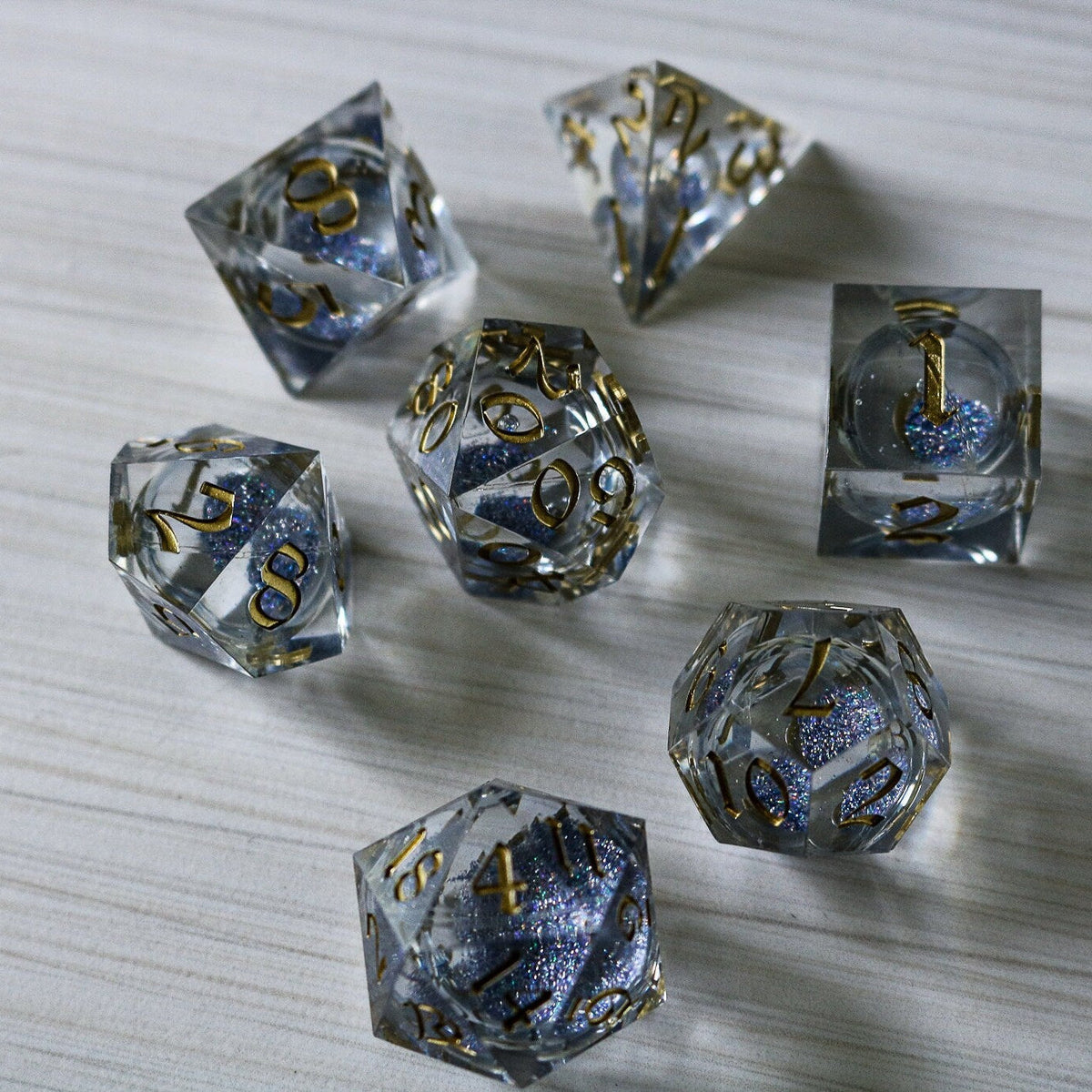 Silver Glitter Liquid Core Handmade Sharp Edge Resin Dice Set RPG Game DND Tabletop Gaming