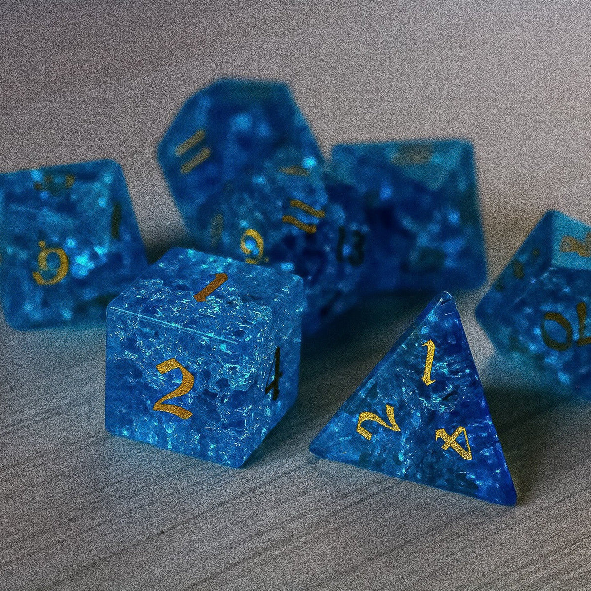 Blue Lightning Glass Cracked Glass (And Box) Polyhedral Dice DND Set