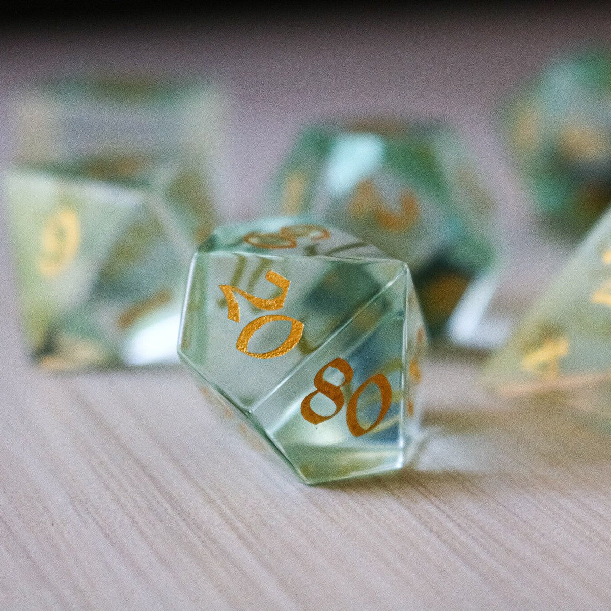 Hand Carved Green Water Glass (And Box) Polyhedral Dice DND Set - RPG Game DND