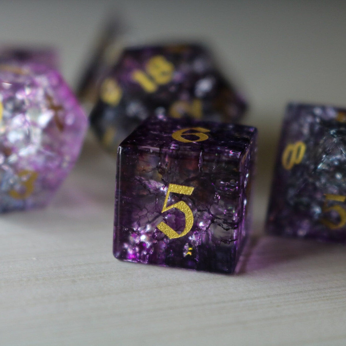 Purple Purge Forge Fire Glass (And Box) Polyhedral Dice DND Set