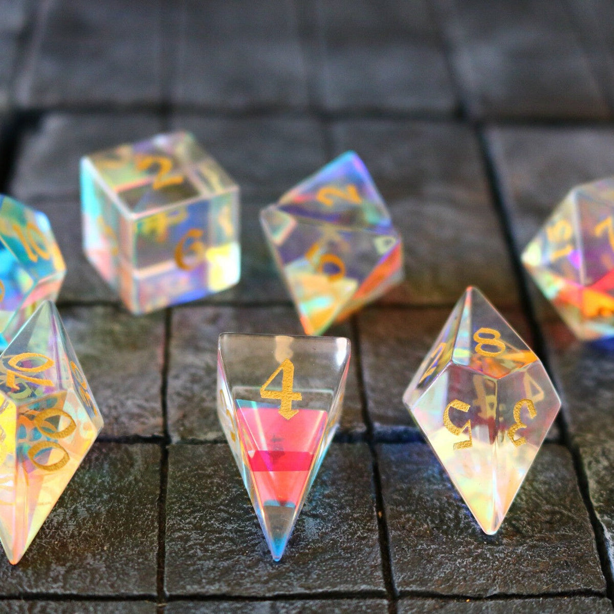 Gemstone Dichroic Glass Elven Cut Polyhedral Dice (With Box) DnD Set