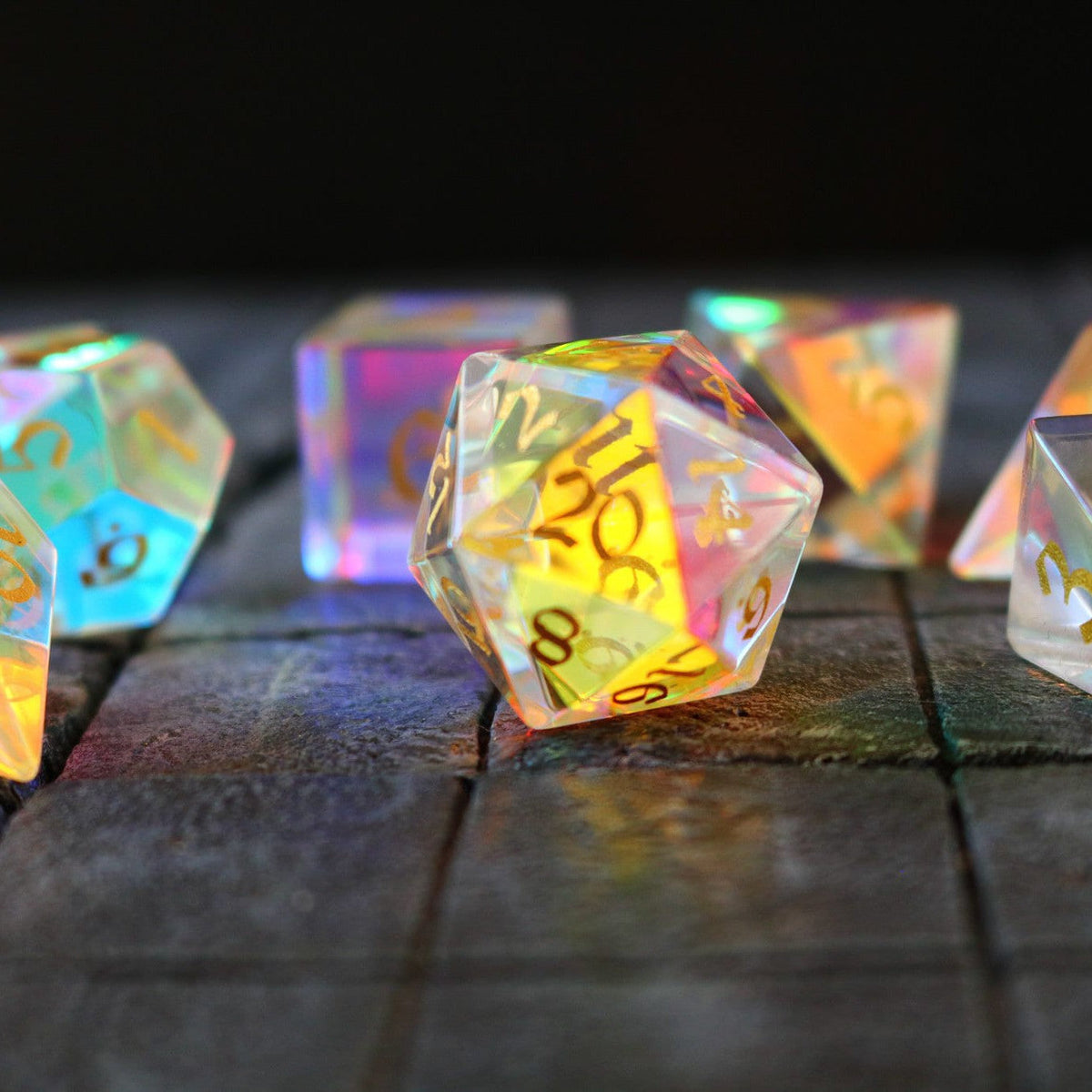 Gemstone Dichroic Glass Elven Cut Polyhedral Dice (With Box) DnD Set