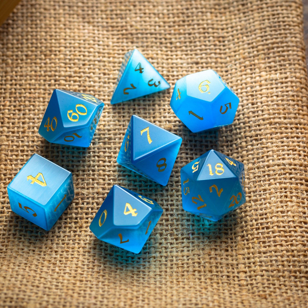 Hand Carved  Gemstone Light Blue Cats Eye Stone (And Box) Polyhedral Dice DND Set