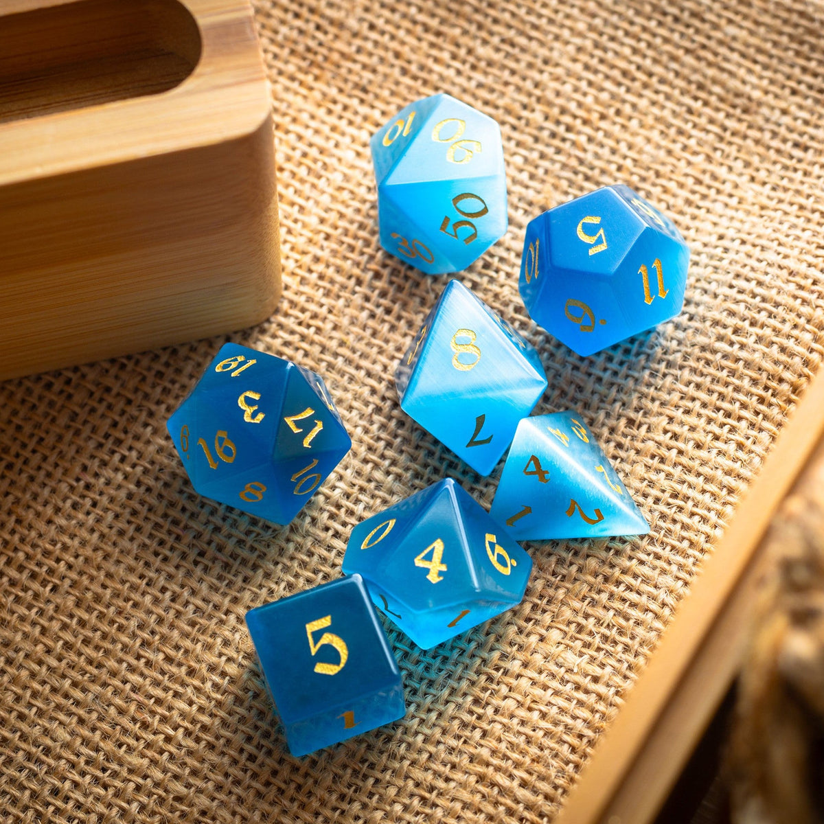 Hand Carved  Gemstone Light Blue Cats Eye Stone (And Box) Polyhedral Dice DND Set