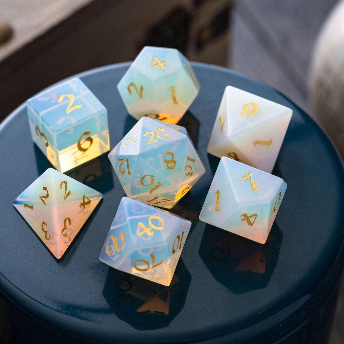 Gemstone Opalite (Gold Font) Hand Carved (And Box) DND Dice Set