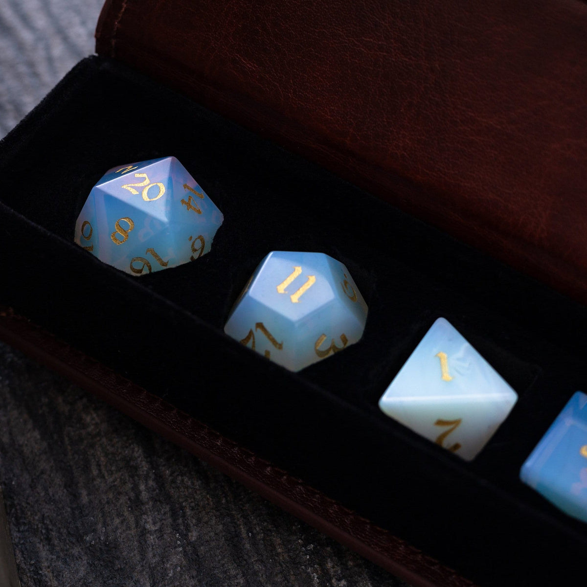 Gemstone Opalite (Gold Font) Hand Carved (And Box) DND Dice Set