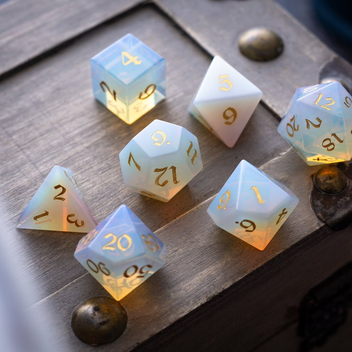 Gemstone Opalite (Gold Font) Hand Carved (And Box) DND Dice Set