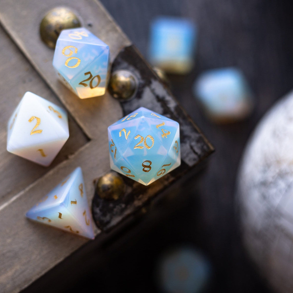 Gemstone Opalite (Gold Font) Hand Carved (And Box) DND Dice Set