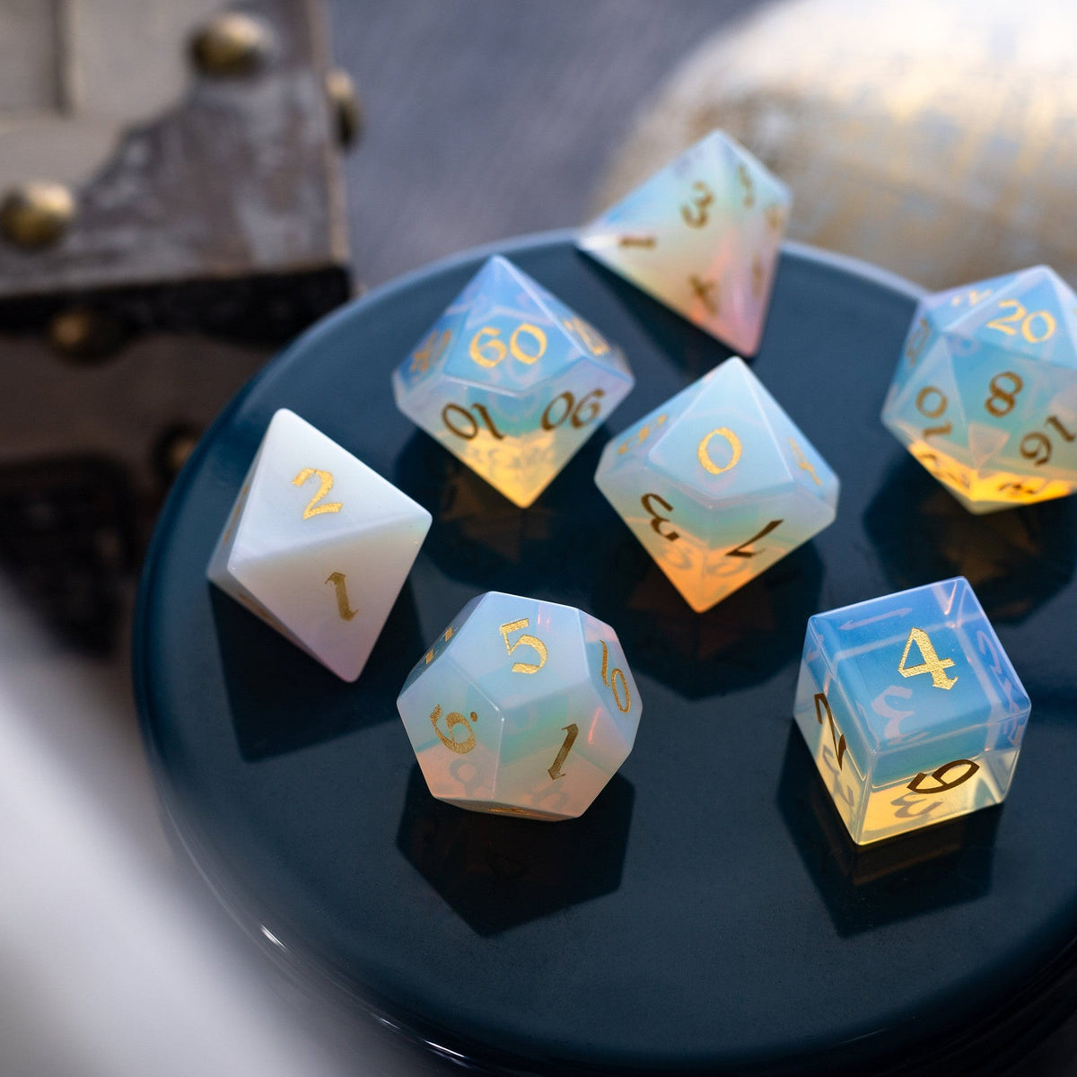 Gemstone Opalite (Gold Font) Hand Carved (And Box) DND Dice Set