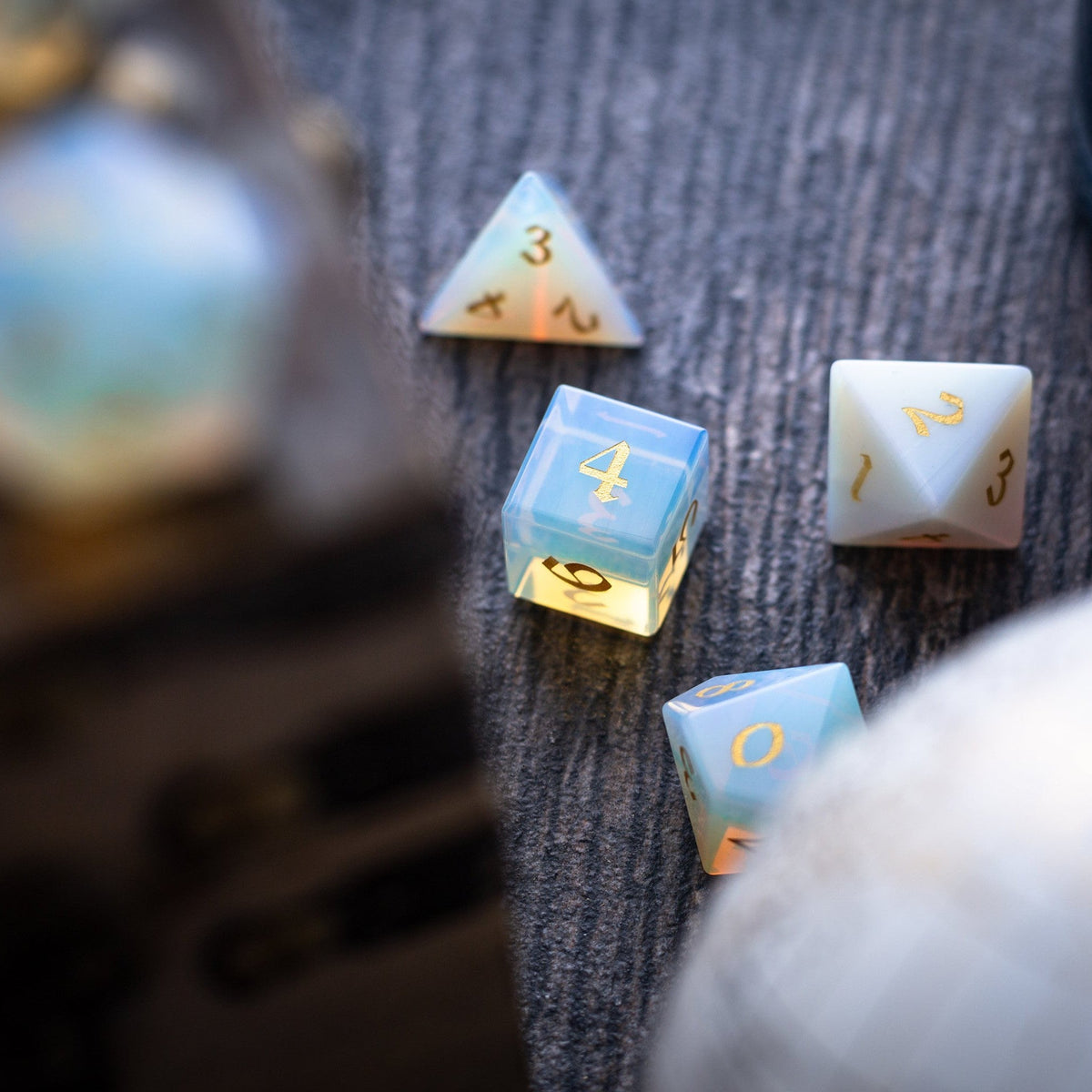 Gemstone Opalite (Gold Font) Hand Carved (And Box) DND Dice Set