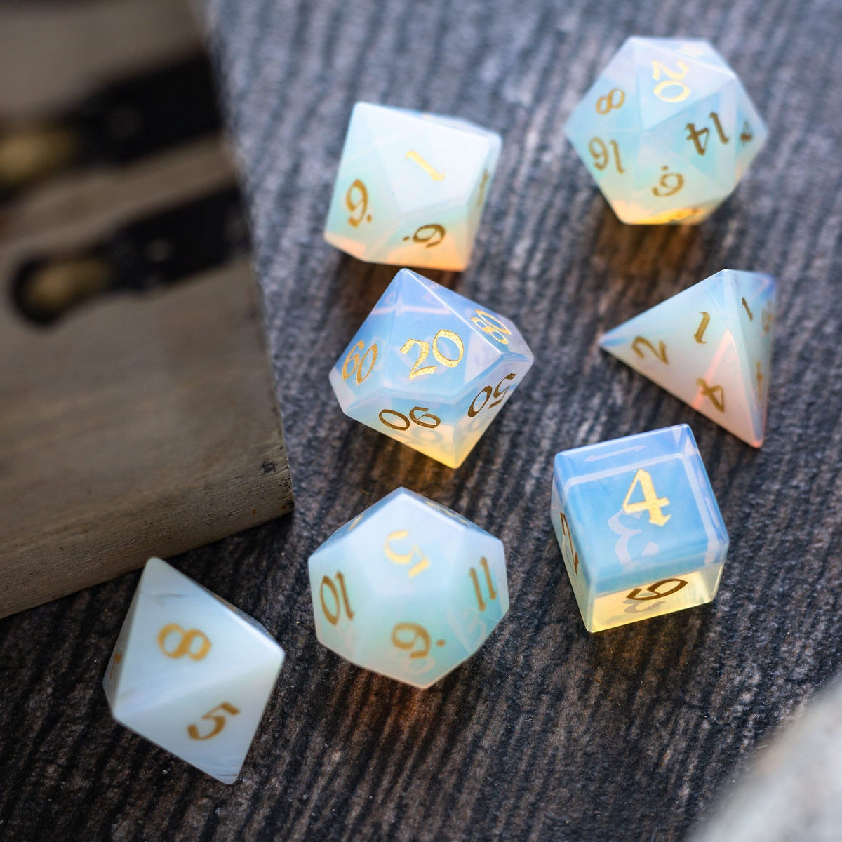 Gemstone Opalite (Gold Font) Hand Carved (And Box) DND Dice Set