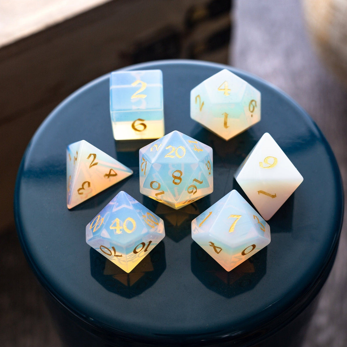 Gemstone Opalite (Gold Font) Hand Carved (And Box) DND Dice Set