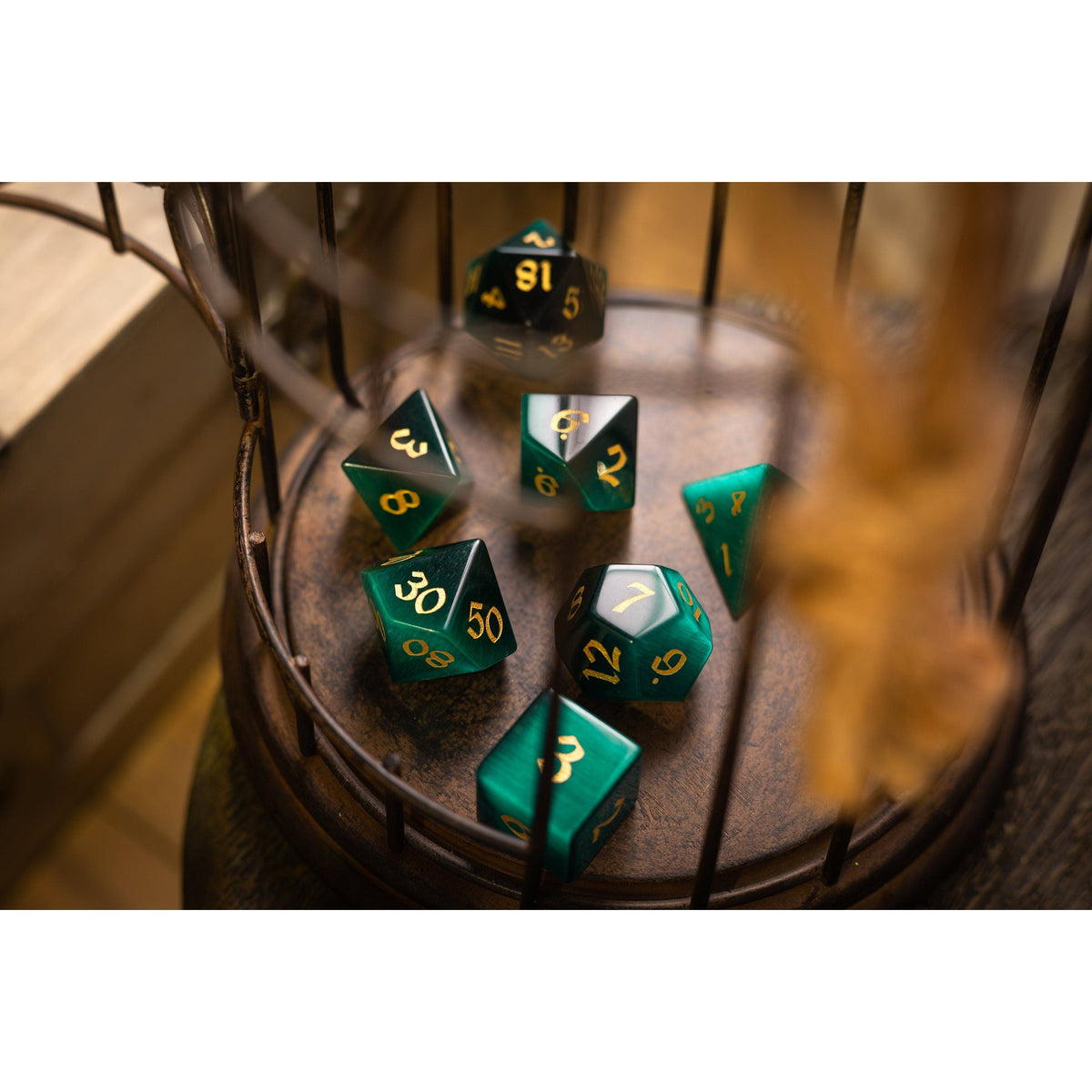 Hand Carved Gemstone Dark Green Cats Eye Stone (And Box) Polyhedral Dice DnD Dice Set