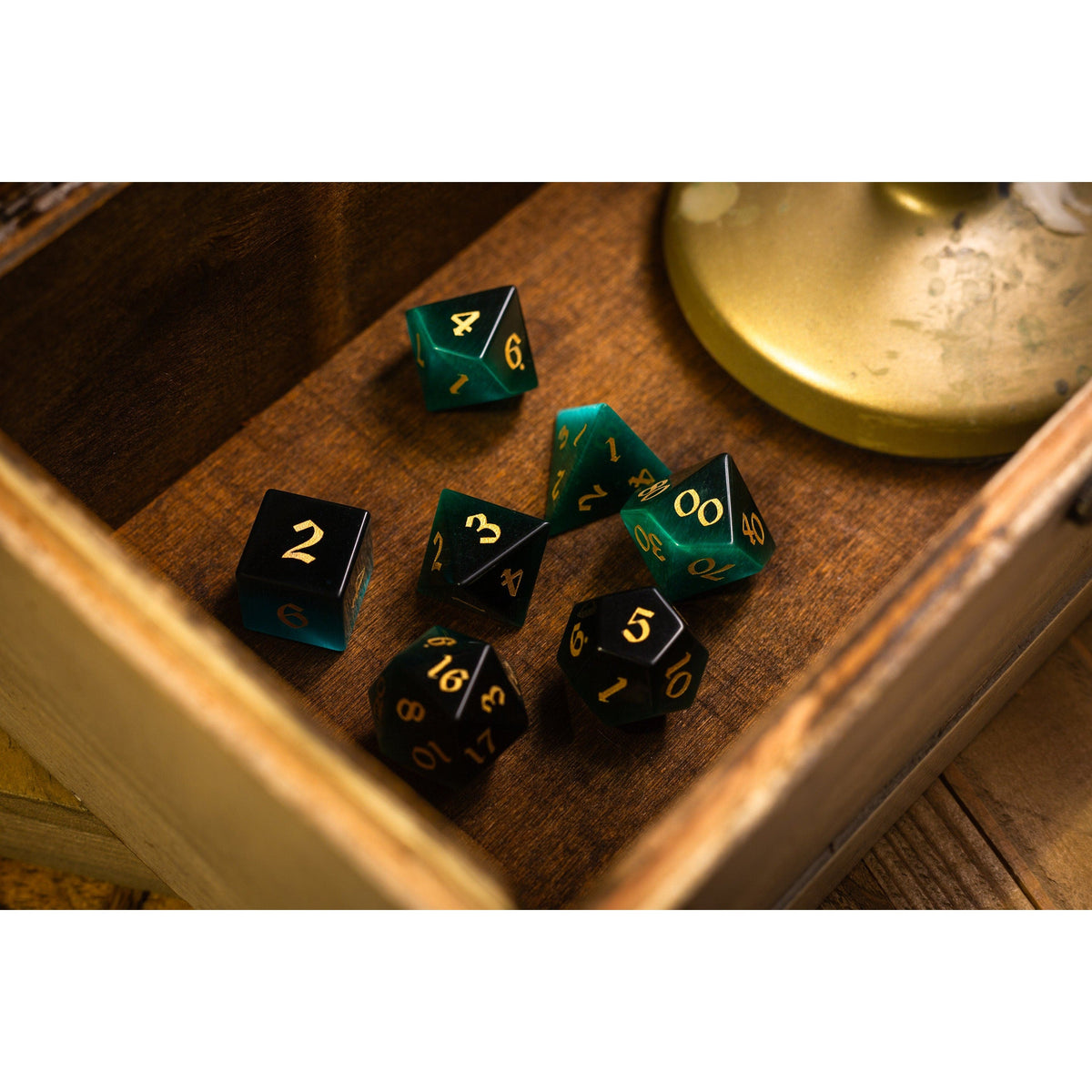 Hand Carved Gemstone Dark Green Cats Eye Stone (And Box) Polyhedral Dice DnD Dice Set