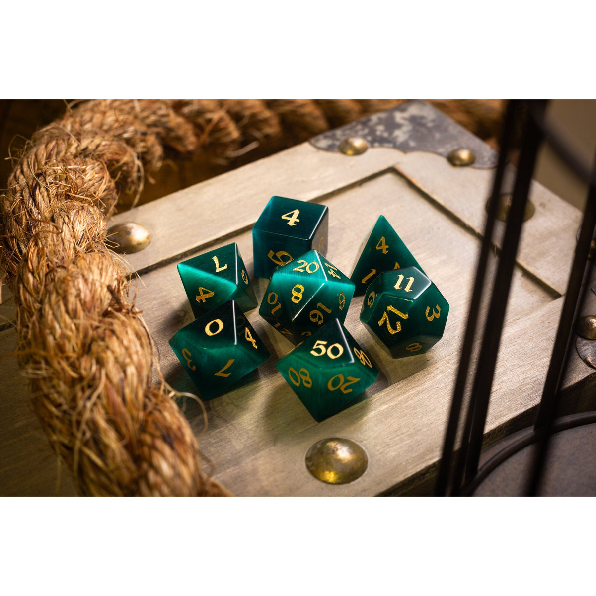 Hand Carved Gemstone Dark Green Cats Eye Stone (And Box) Polyhedral Dice DnD Dice Set