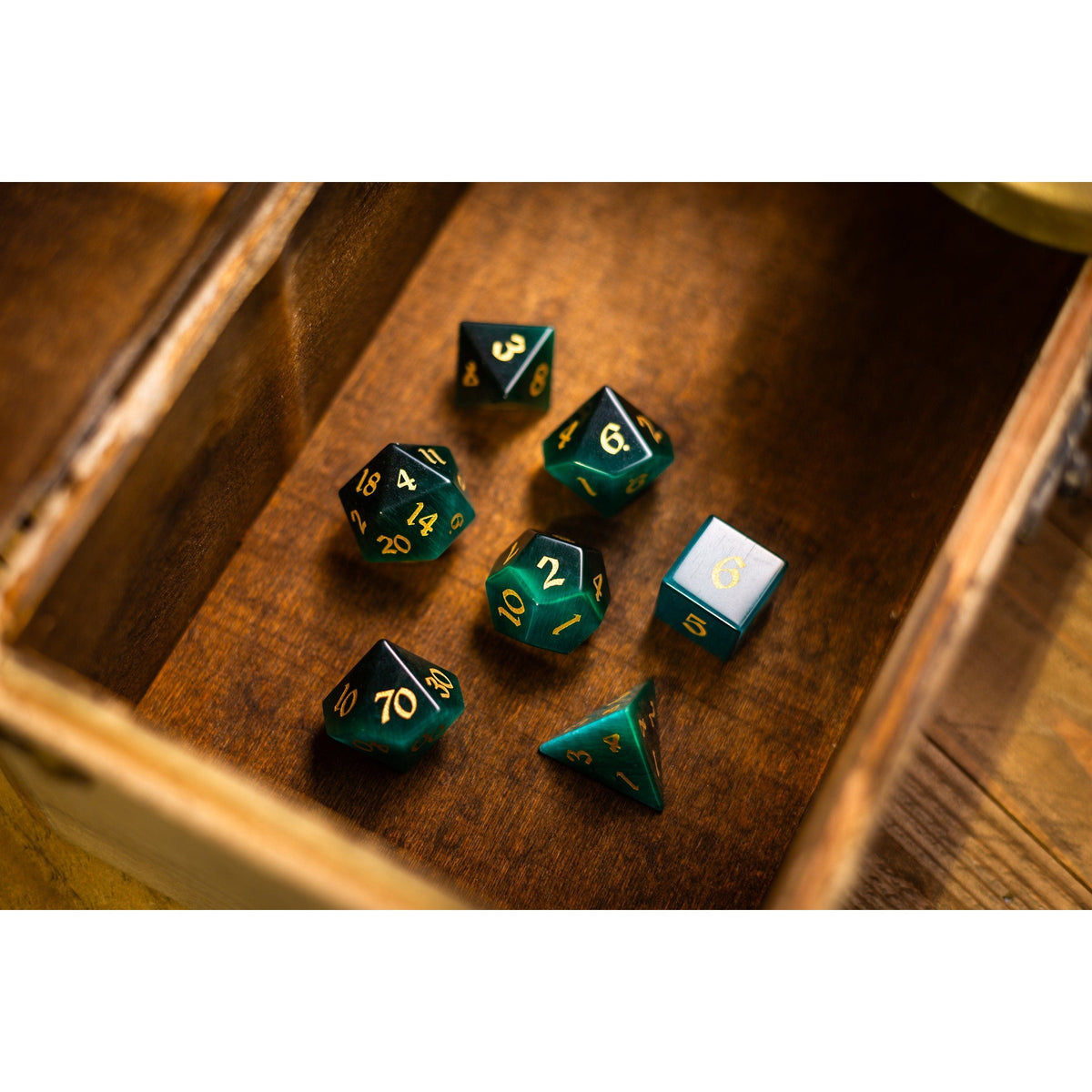 Hand Carved Gemstone Dark Green Cats Eye Stone (And Box) Polyhedral Dice DnD Dice Set