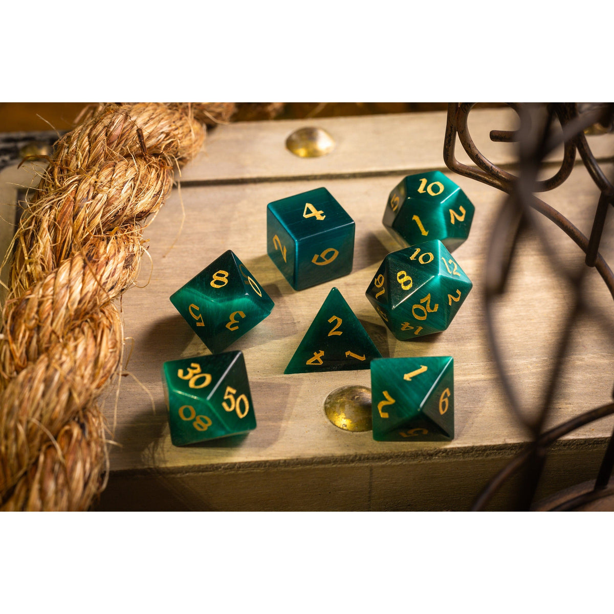 Hand Carved Gemstone Dark Green Cats Eye Stone (And Box) Polyhedral Dice DnD Dice Set