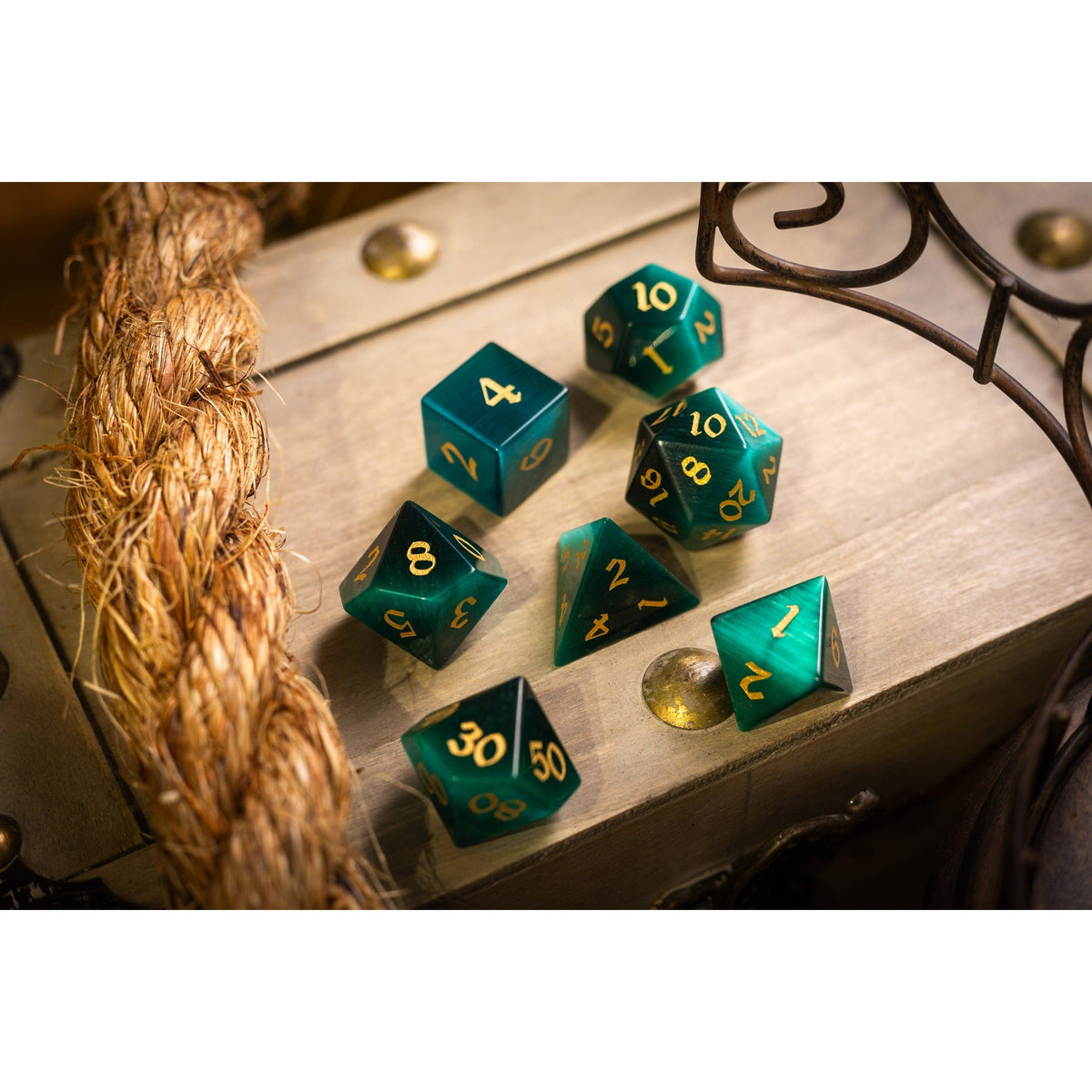 Hand Carved Gemstone Dark Green Cats Eye Stone (And Box) Polyhedral Dice DnD Dice Set