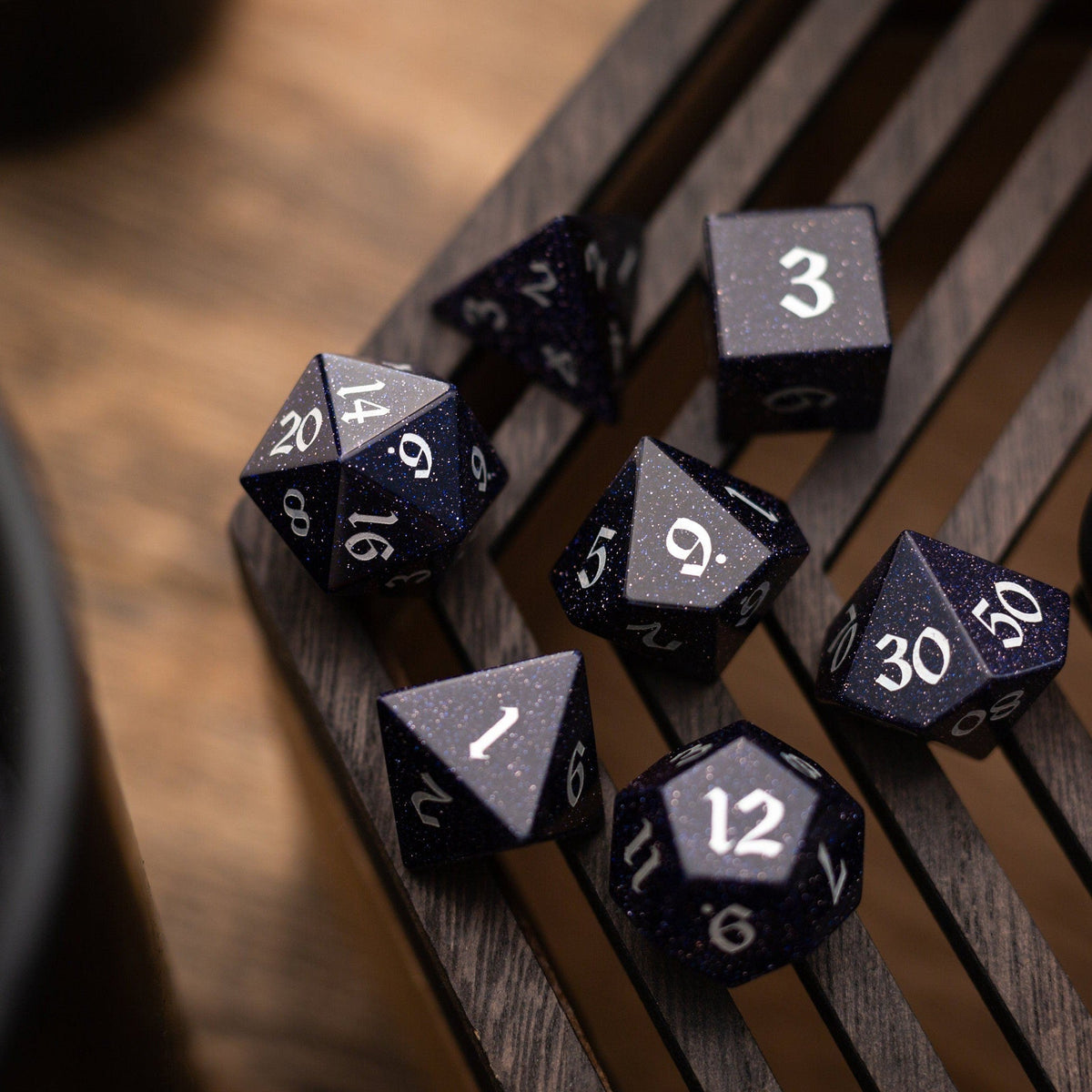 Gemstone Blue Sandstone Silver Font (And Box) Polyhedral Dice Dice Set